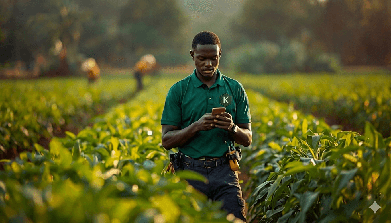 Technicien agricole sur le terrain avec smartphone